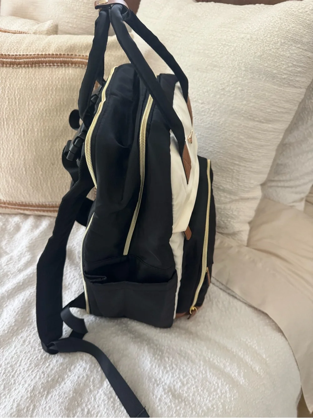 Black, Cream & Brown Quilted Front Diaper Backpack